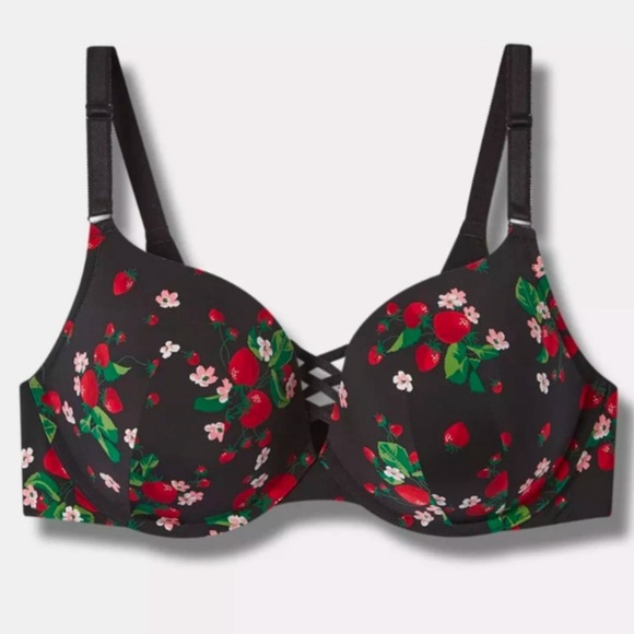 Torrid XO Back-Smoothing Push-up Plunge Strawberry Black Print Bra W-811 Sz 44C - Picture 3 of 11
